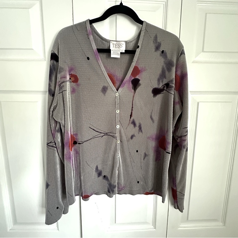 Vintage TESS Cardigan Ribbed Sweater Womens XL Abstract Print Button Up Top